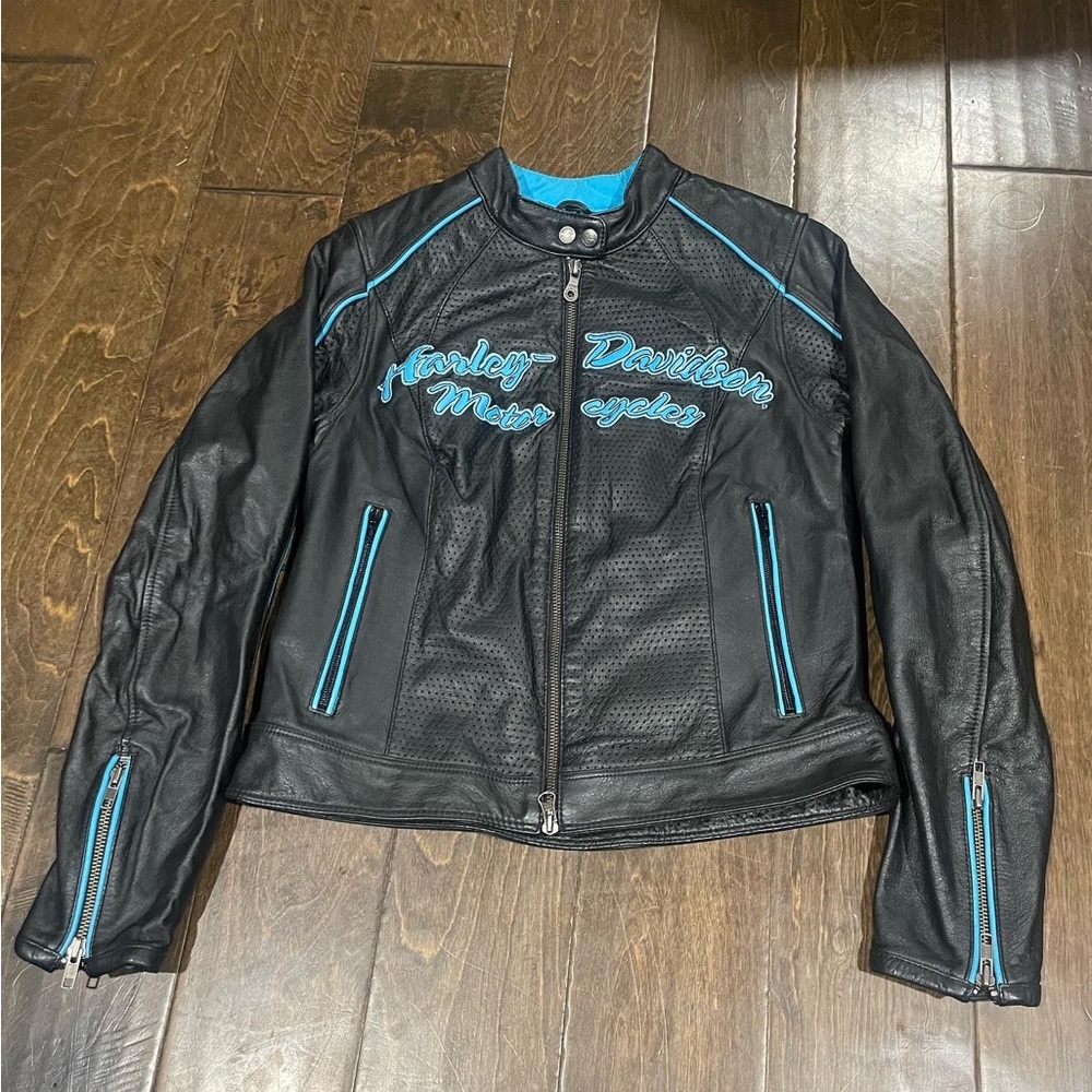 Harley Davidson Motorcycle Woman’s leather jacket black & blue size XS
